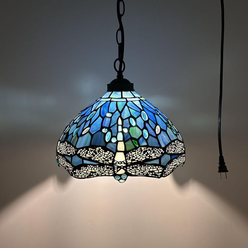 Tiffany Pendant Lighting Plug in Stained Glass Dragonfly LED Bulb Included 12"W*12"D*60"H, Blue/White