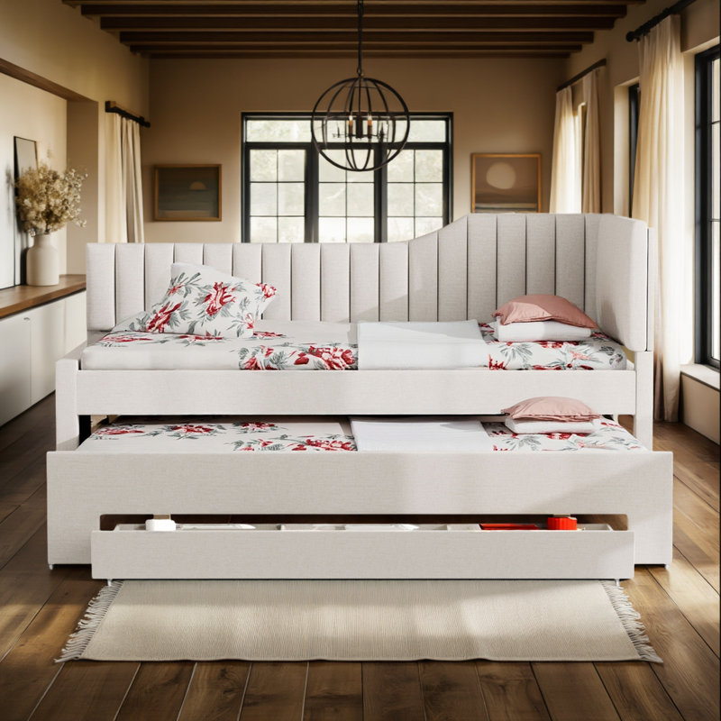  Linen Fabric Upholstered Daybed, Sofa Bed with Trundle and 3 Storage Drawers, Twin, White