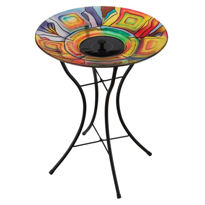 Colorful Art Glass Solar Fountain Birdbath with Stand