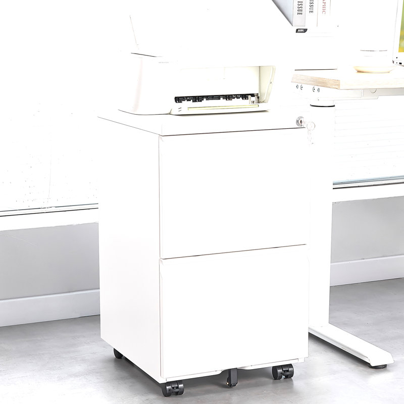 Classeur mobile en métal 2 tiroirs avec serrure, classeur en acier de bureau sous le bureau, blanc