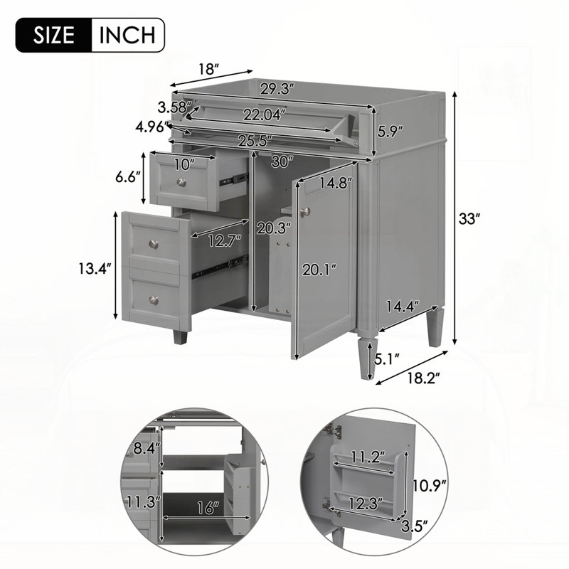 Meuble-lavabo de 30 po sans lavabo supérieur, Gris