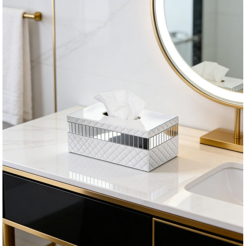 Couvercle de boîte à mouchoirs rectangulaire matelassé avec glissière inférieure - Porte-papier hygiénique décoratif blanc avec accents argentés