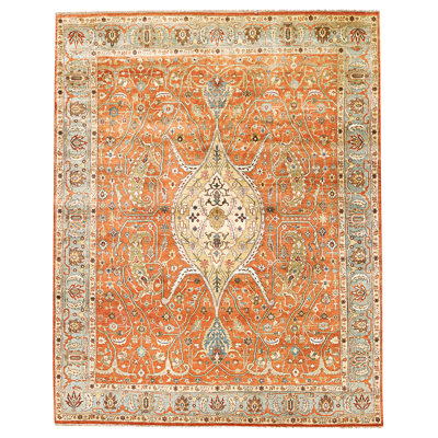 Hand Knotted Wool Area Rug in Rust And Light Blue
