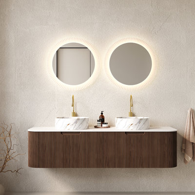 Meuble-lavabo 48 po, meuble-lavabo rayé à bords arrondis avec 2 tiroirs, lavabo rond en céramique blanc mat et plateau en pierre frittée blanc de Carrare, pré-assemblé, grain de bois naturel