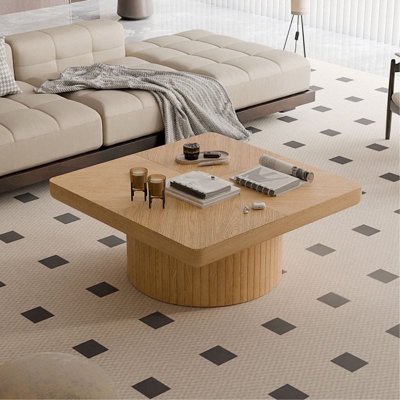 Table basse carrée de 34,6 po pour le salon, plateau en placage de bois moderne avec motif de parquet et base cylindrique, plateau de table épaissi, assemblage facile