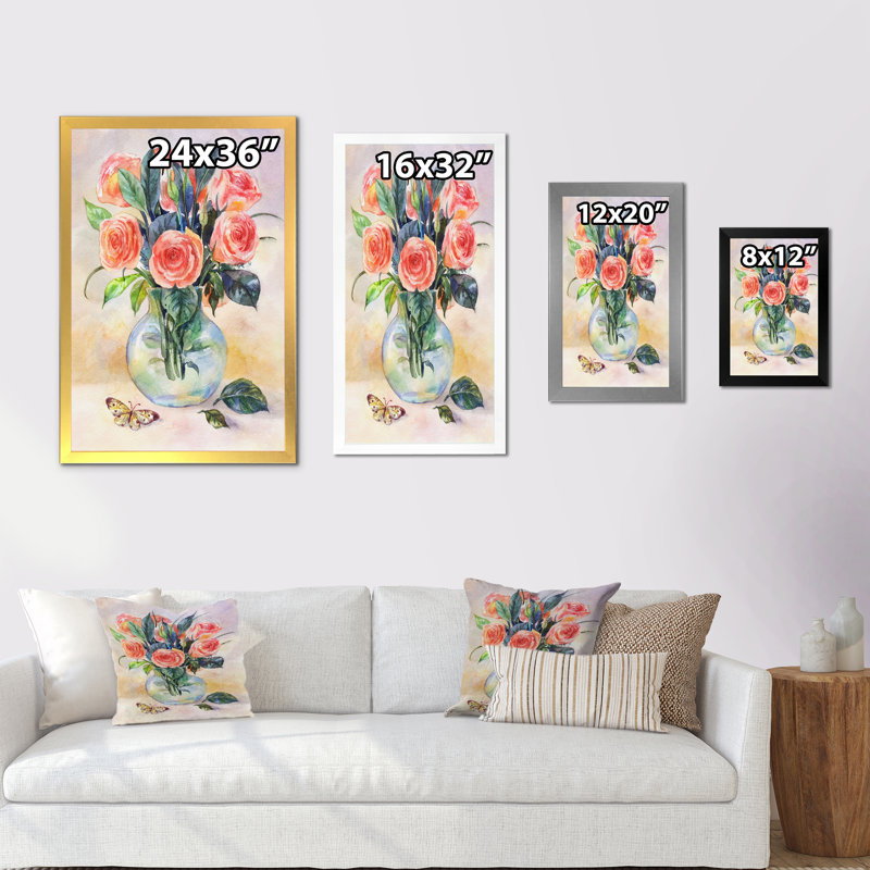 Bouquet rétro de roses roses - peinture sur toile, H 12 po x l 8 po x P 1 po, Cadre photo blanc