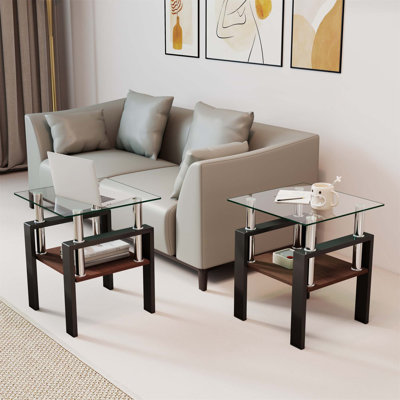 Ensemble de 2 tables basses et tables de bout modernes en verre trempé, durables et élégantes pour le salon, transparentes