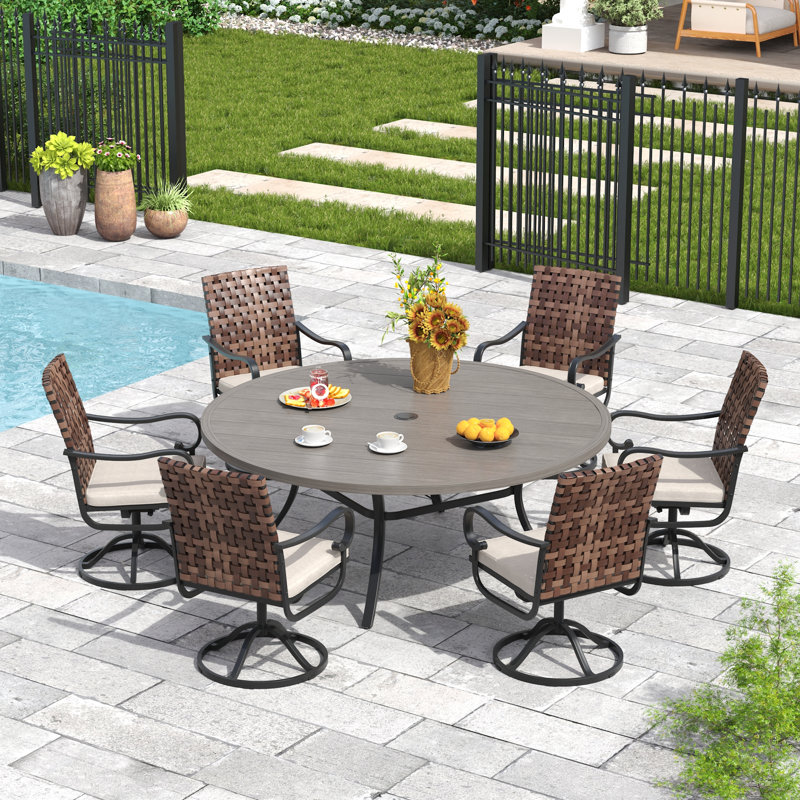 6-Person Outdoor Patio Dining Set With Rattan Swivel Chairs, Gray Woodlike/Black