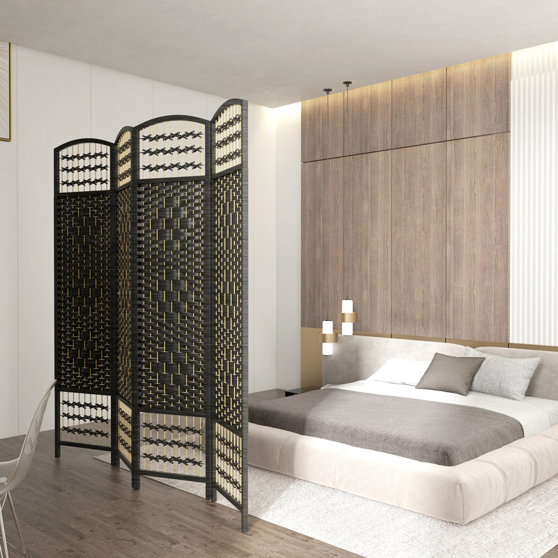 Pièce de 4 panneaux, écran d'intimité pliable, cloison en fibre noire de 5,6 pi, cloison de séparation pour le salon, la chambre à coucher, la zone artisanale, tissé à la main