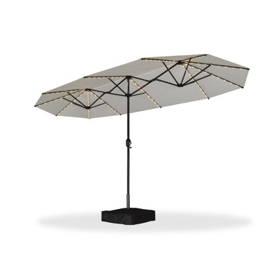 13ft Patio Market White Umbrella with Solar LED and Base Double-Sided Rectangle Outdoor Table Sun Umbrellas with Crank for Pool Beach Deck Backyard