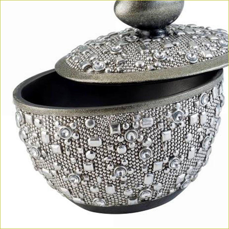 Boîte à bijoux décorative | Crépuscule rond de 8 po de hauteur avec poignée en forme d'œuf | Argent | Polyrésine