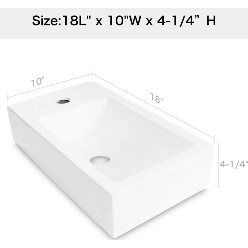 Lavabo de salle de bain en céramique blanche 18 x 10 pouces - fixation murale, faible absorption d'eau, blanc attrayant pour la salle de bain, finition lisse, accessoire pratique