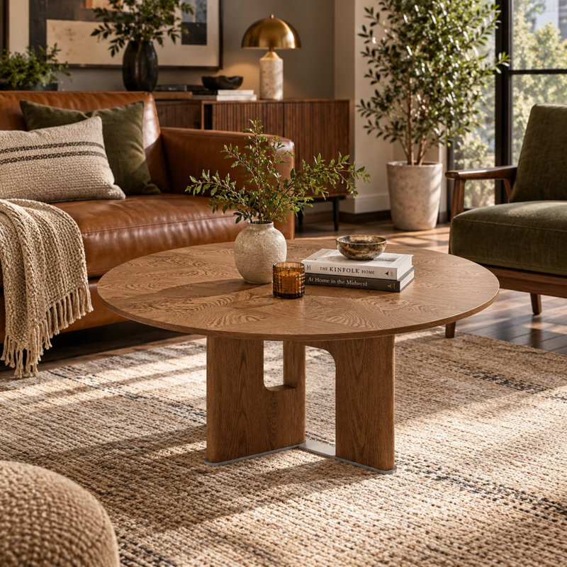 Table basse ronde de 80 cm en placage de frêne avec piètement sculptural, table centrale moderne du milieu du siècle pour petits espaces
