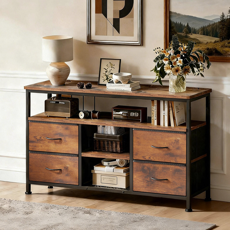 Tv Stand For Tvs Up To 48'' With Led Lights, Charging Station & Spacious Storage, Rustic Brown