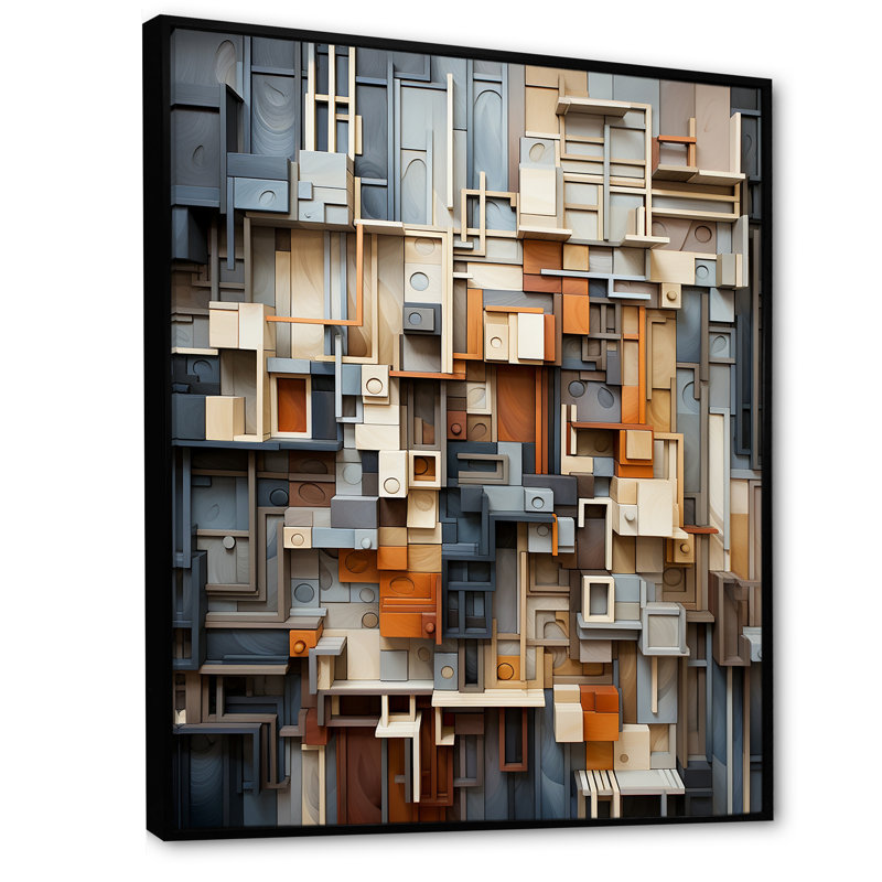 Abstrait taupe, bâtiment I, sur toile, Cadre flottant noir, H 44 po x l 34 po x P 1,5 po