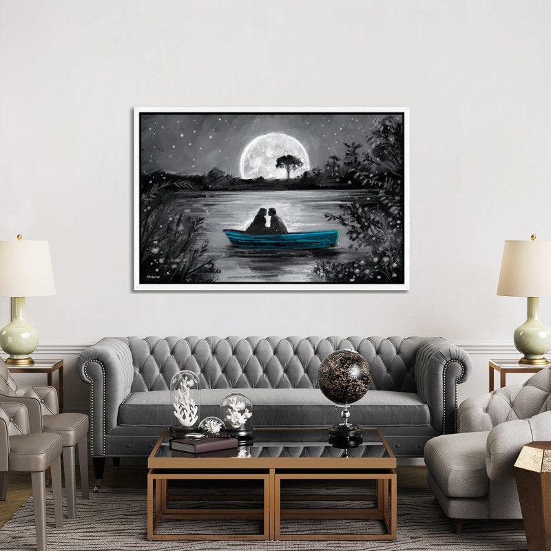Love in Boat Blue 1 Piece Painting on Canvas, 101.6cm H x 152.4cm W x 3.81cm D, White Floater Framed