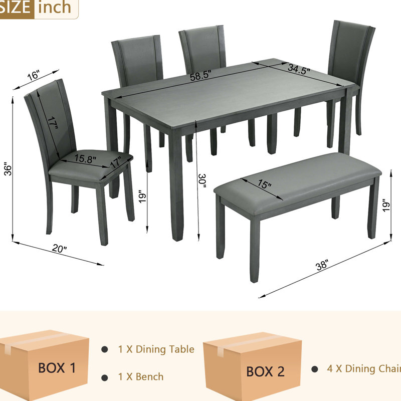 Table de salle à manger grise 6 avec banc et chaises. Conception moderne en bois pour la pièce. Stable et confortable. Assemblage facile et chaises, gris. Style de sièges confortables. À assembler