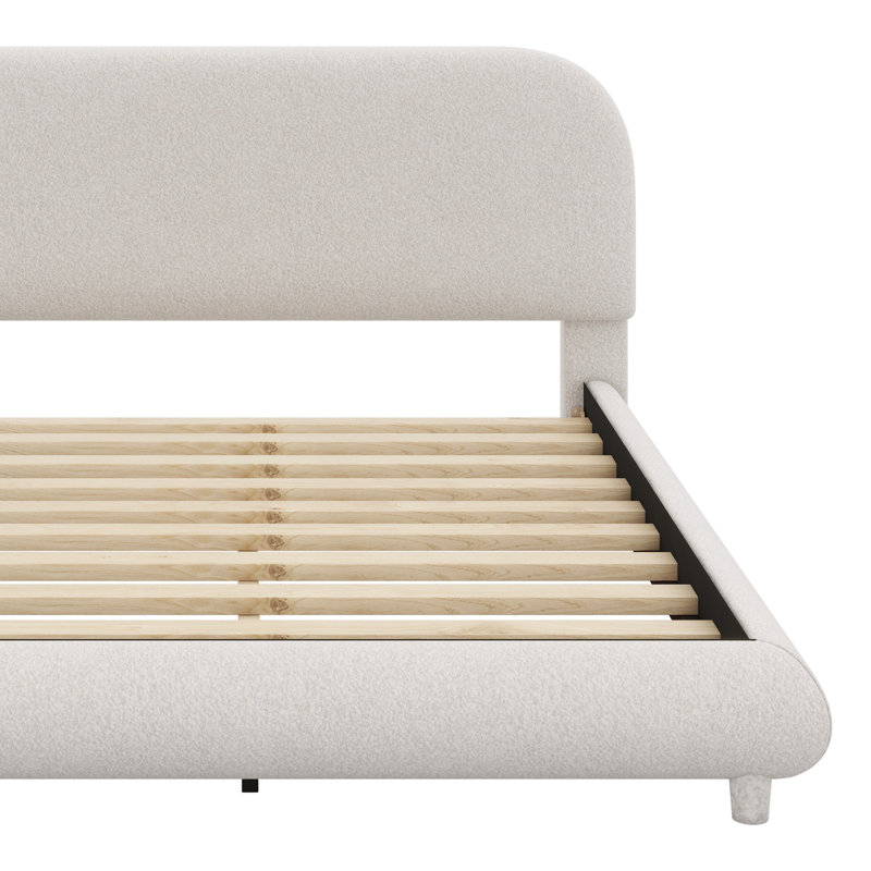 Lit plateforme tapissier avec tissu épais, structure solide et design courbé élégant, Beige, Grand lit