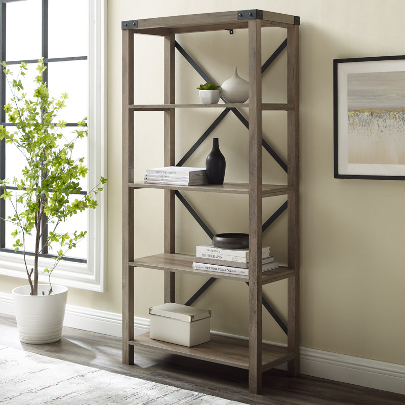 Larenda 64" H x 30" W Etagere 4-Shelf Bookcase, Grey Wash