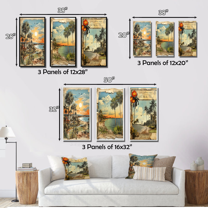 Florida Wall Art, ensemble de 3 pièces sur toile - Collage de palmiers de Floride rétro et plage I, Cadre flottant blanc