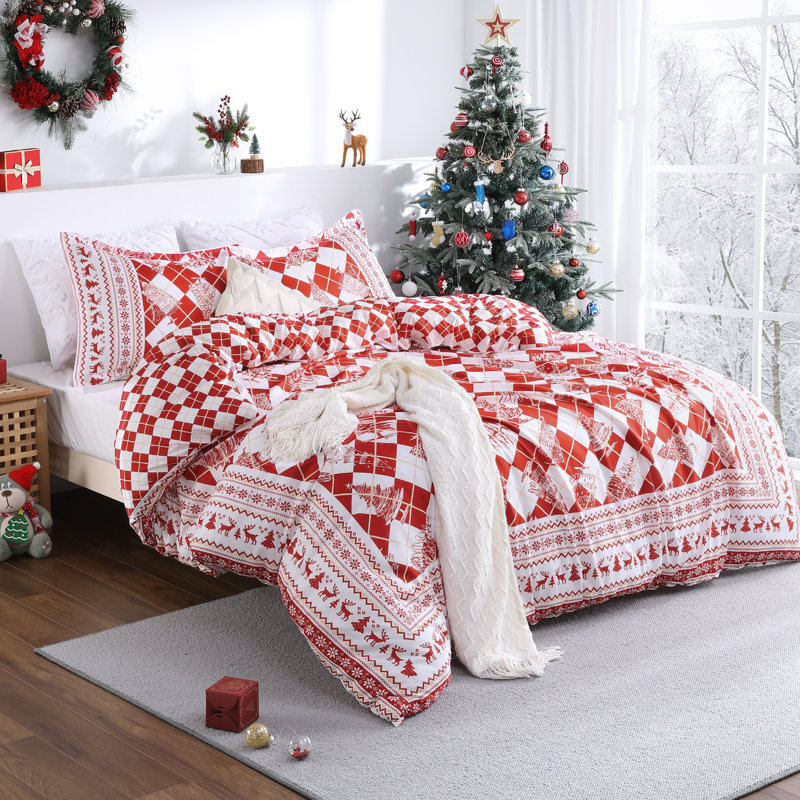 Housse de couette de Noël grand format, linge de lit en microfibre imprimé en patchwork pour les fêtes, fermeture à boutons et 8 attaches aux coins