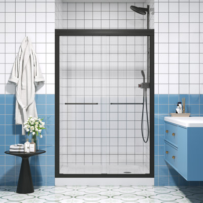 44-48" W x 72" H Sliding Half Frameless Shower Door with 1/4" Clear Transparent Tempered Glass