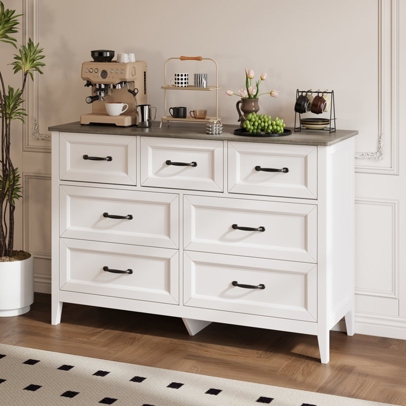 47.1''W 7-Drawer Dresser table with wooden storage cabinets, suitable for bedroom, living room or entryway., Gray