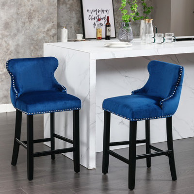 2 pièces en velours bleu avec boutons, pieds en bois et garniture cloutée - Chaises attrayantes Sw1824bl