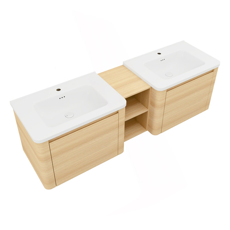 Meuble-lavabo mural de 68 po avec lavabo en céramique blanche et tablettes de rangement et 2 portes à fermeture en douceur, emballage KD, contreplaqué, chêne blanc américain