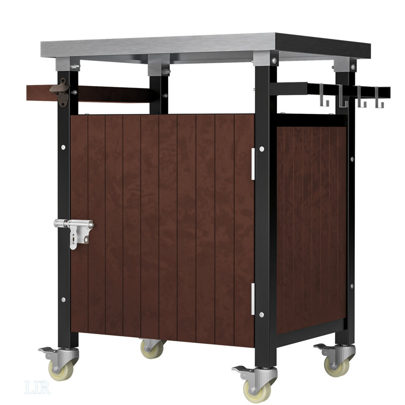 Outdoor Grill Cart With Stainless Steel Tabletop, Patio Kitchen Island With Wheels, Hooks, And Spice Rack, Waterproof Outdoor Grill Table, Kitchen Island