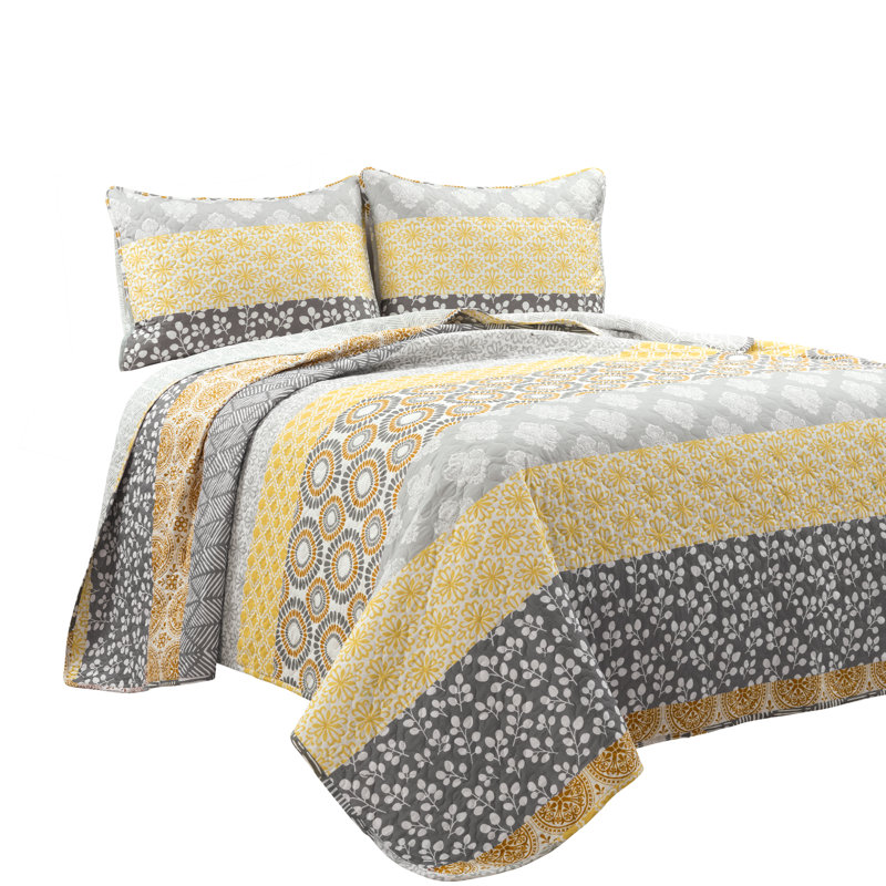 Bohemian 100% Cotton Reversible 3-Piece Quilt Set, King Quilt + 2 King Shams, Yellow/Gray Geometric