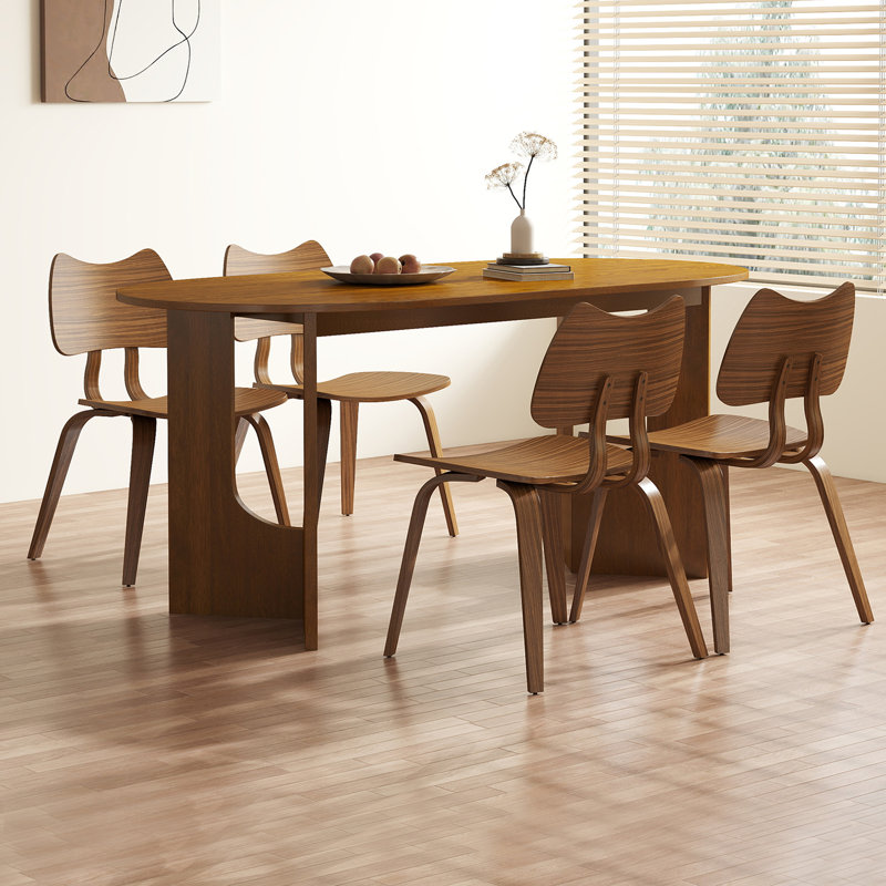 Modern Oval Brown Dining Set With Solid Rubber Wood Base Table And Chairs With Backrest For Kitchen, Living Room, Dining Room
