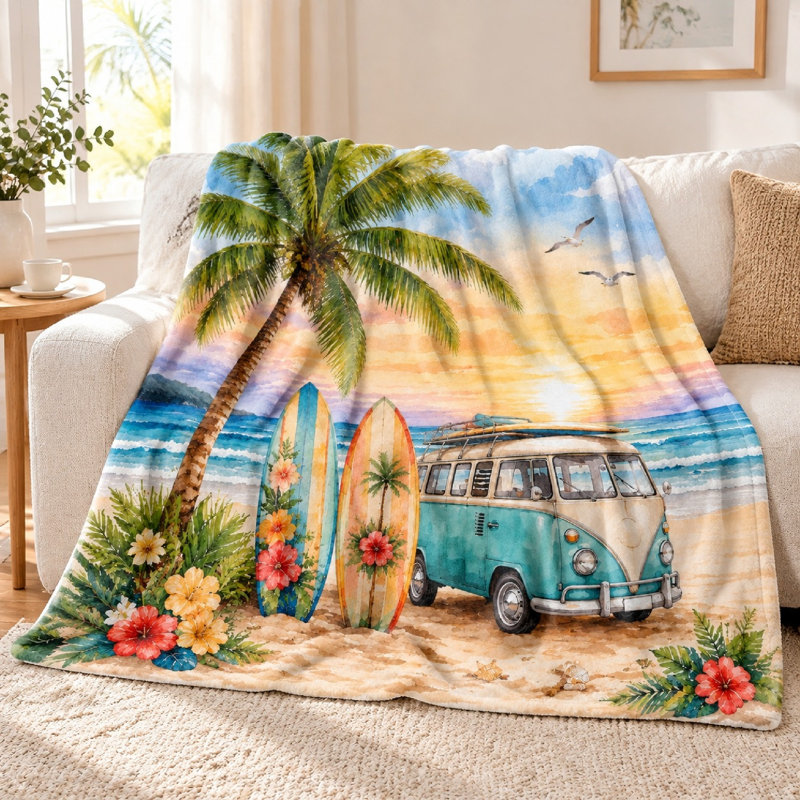 Couverture de flanelle 1Pcs Beach Sunset Van Surfboard - Tropical Island, Jeté (l 40 po x L 50 po)