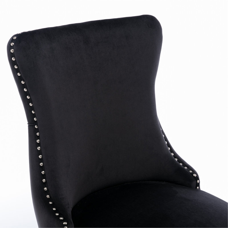 Chaise de salle à manger rembourrée à oreilles avec garniture cloutée et pieds en bois massif, ensemble de 2, noir, KD, Noir