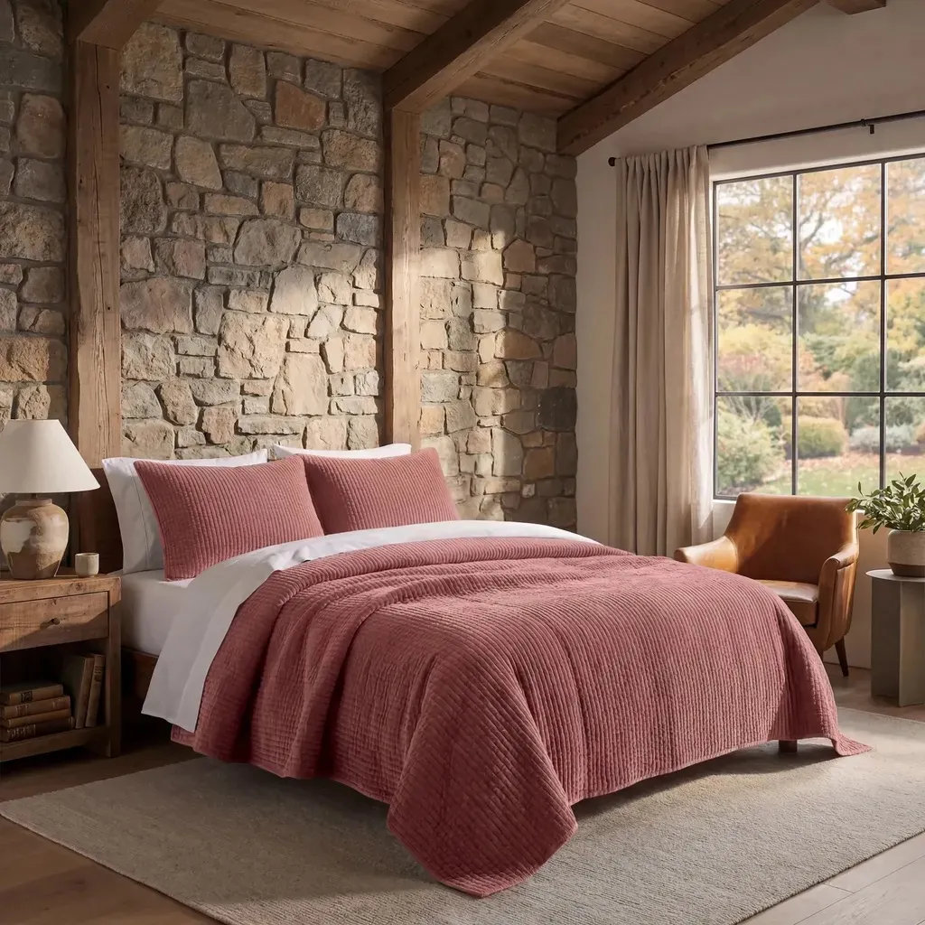 Stone Washed Cotton Velvet Quilt Set, King Quilt  + 2 King Shams, Salmon