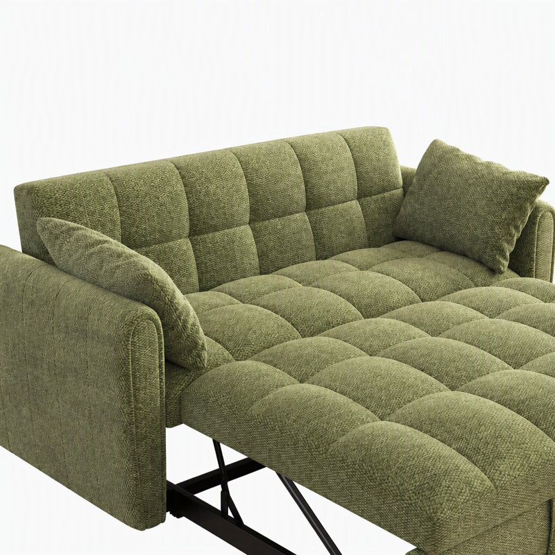 Canapé-lit pliable 3 en 1 de 65 pouces avec dossier réglable, sac de rangement et oreillers inclus, Green Chenille