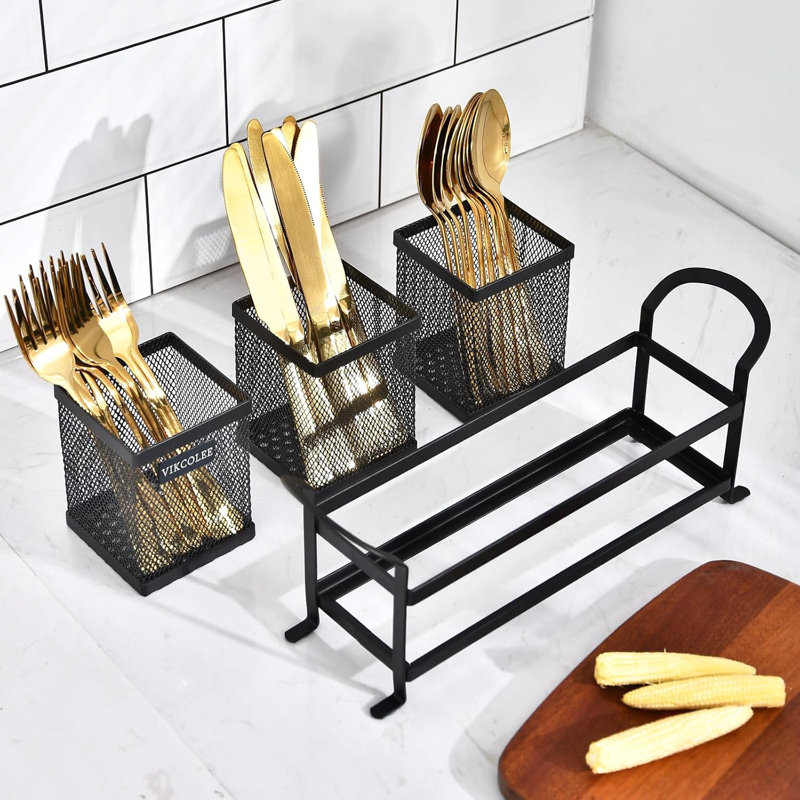 Porte-ustensiles de cuisine en métal avec 3 compartiments - Rangement compact pour couverts, cuillères, fourchettes et couteaux - Parfait pour le comptoir, la salle à manger et l'extérieur
