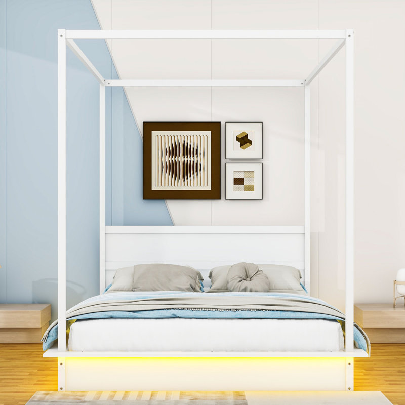 Derel Wood Canopy Platform Bed with Support Slats and LED Light, Queen