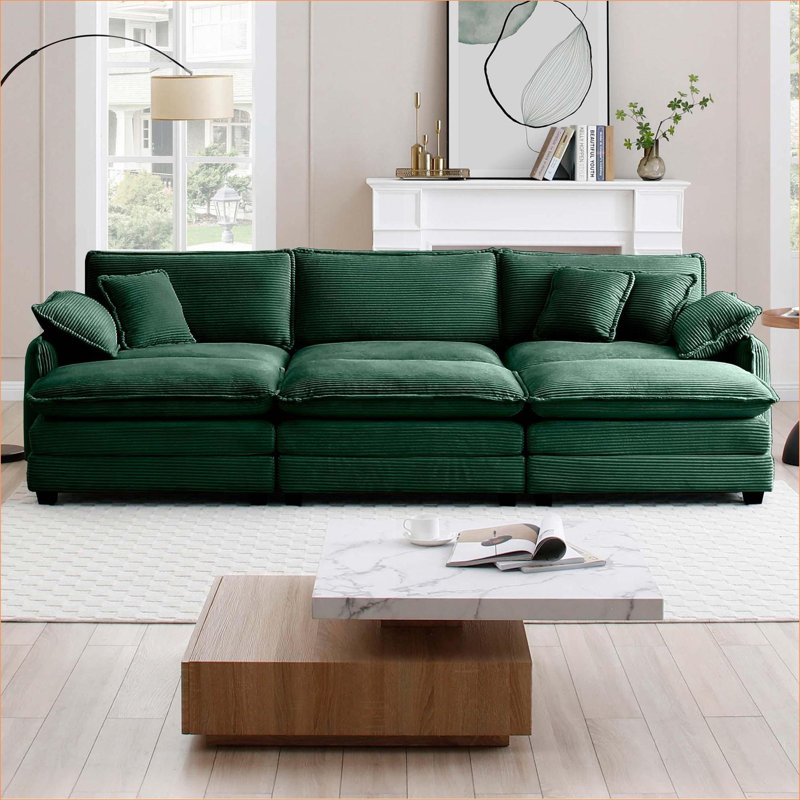 Canapé-lit modulaire, 3 places surdimensionné avec 3 repose-pieds, rétro moderne pour le salon et amp; Home cinéma | Vert | Velours côtelé