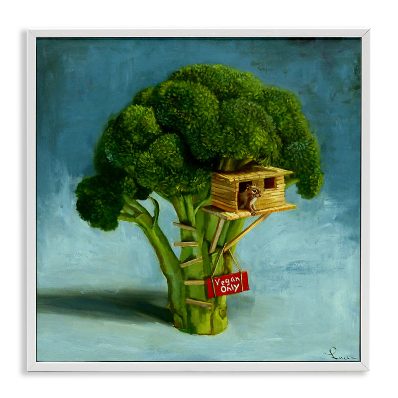 «Vegan Only Broccoli Treehouse», estampe numérique de Lucia Heffernan, H 12 po x l 12 po, Giclée encadrée blanc bord de mer