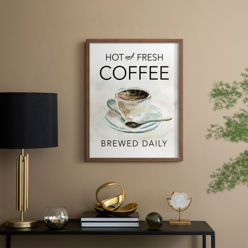 «Hot and Fresh Coffee», reproduction encadrée - bois massif, H 15 po x l 12 po, Noyer