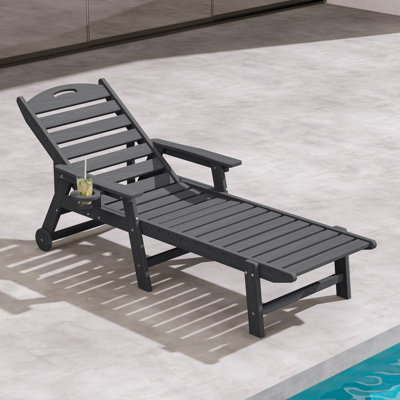 Oversized HDPE Chaise Lounges – Adjustable 5-Position Outdoor Recliners with Wheels & Cup Holders, Weather-Resistant for Patio, Pool, Garden