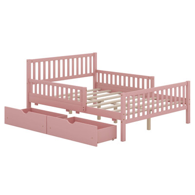 Base de lit double avec rangement pour enfants, lit en bois avec 2 tiroirs, lit plateforme double avec garde-corps pour enfants