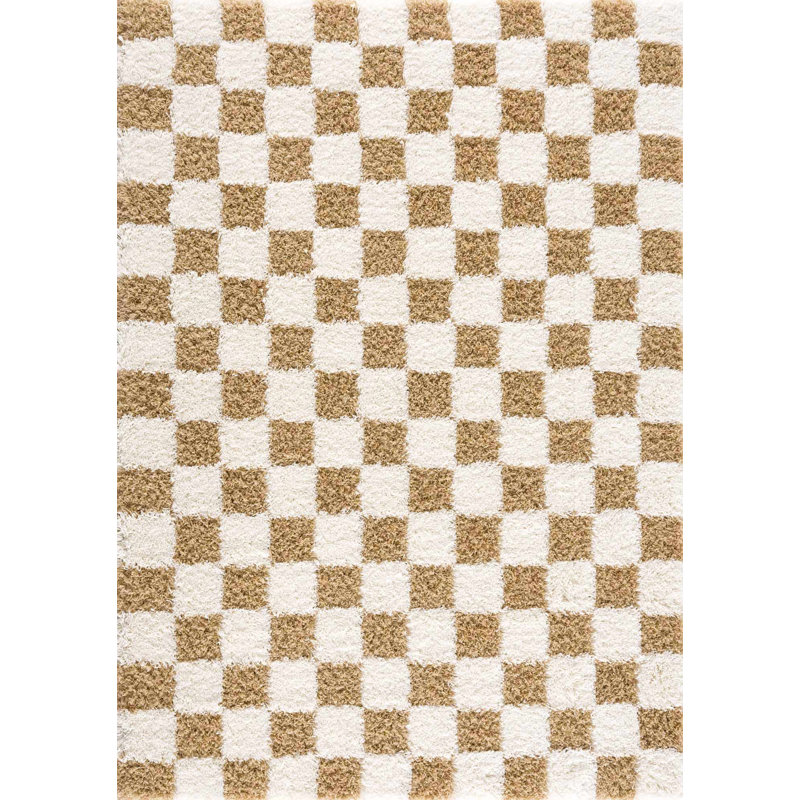 Atiran Checkered Plush Pile Brown Area Rug, Rectangle 4' x 6'