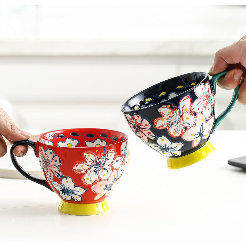 Sets of 4 12 oz Floral Cute Coffee Mugs, Blue/Black/Green