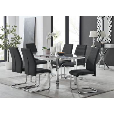 Tierra Modern Glass & Metal Extendable Dining Table Set & 6 Luxury Faux Leather Dining Chairs
