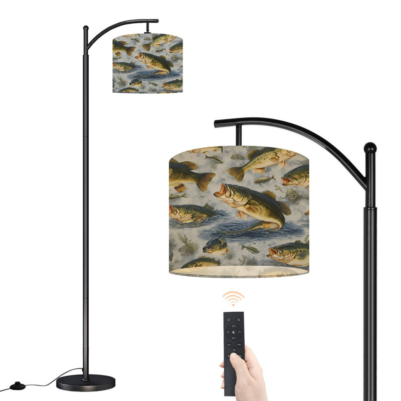 Lampe sur pied à arc avec abat-jour réglable L Bass Bass nageant avec eau claire, œuvre sur pied, lampe sur pied, 3 températures de couleur, intensité variable, grand mât avec interrupteur au pied pour la chambre à coucher