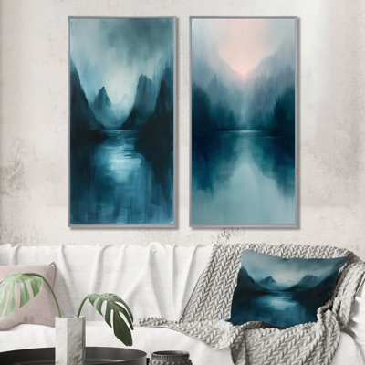 Monochrome Grey Blue Rainy Mountain Winter Days I - Lake Wall Art 2 Pieces Set