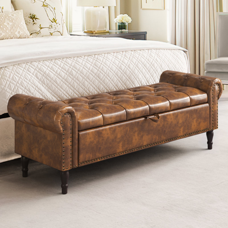 Banc de rangement rembourré Dawsey, H 20,7 po x l 62,4 po x P 20,1 po, Similicuir brun