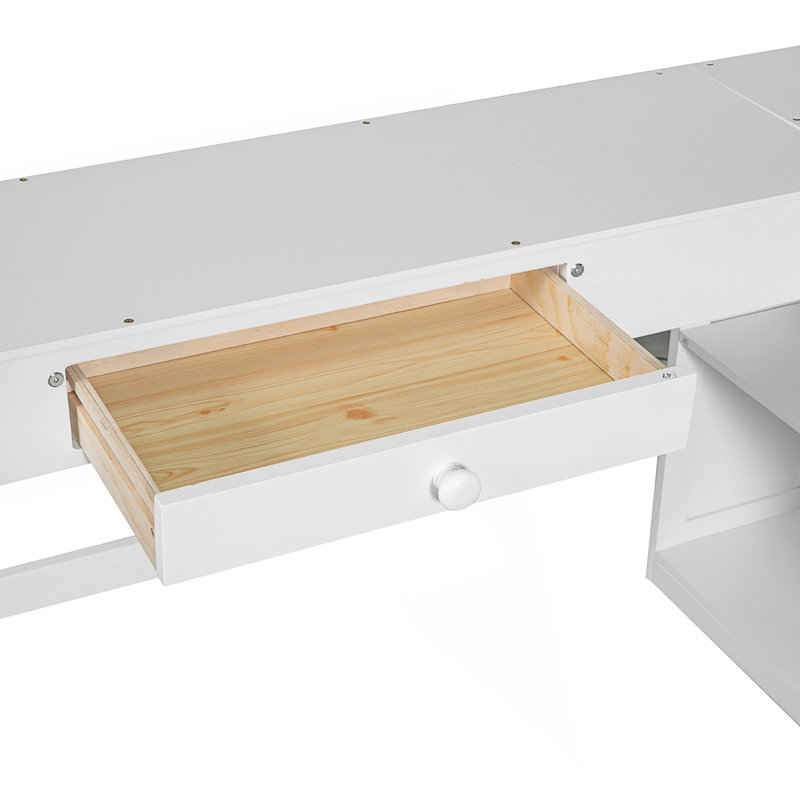 Lit mezzanine double avec bureau en U, tiroirs et tablettes de rangement